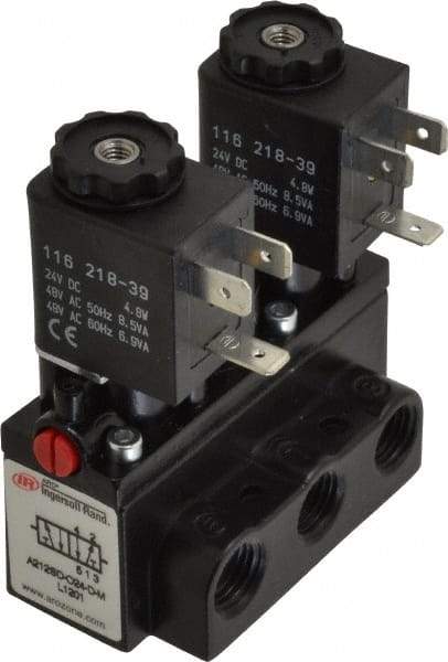 ARO/Ingersoll-Rand - 1/4" Inlet x 1/4" Outlet, Solenoid Actuator, Solenoid Return, 2 Position, Body Ported Solenoid Air Valve - 24 VDC Input, 54 CFM, 1.5 CV, 4 Way, 150 psi, 3-31/32" Long x 1-15/16" Wide x 3-1/4" High, 0 to 180°F - USA Tool & Supply