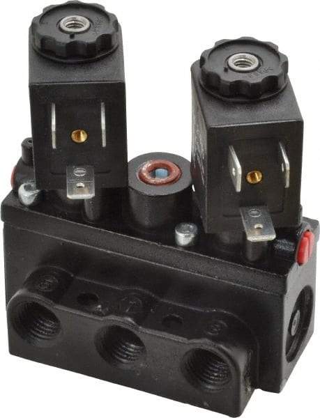 ARO/Ingersoll-Rand - 1/4" Inlet x 1/4" Outlet, Solenoid Actuator, Solenoid Return, 3 Position, Body Ported Solenoid Air Valve - 120 VAC Input, 32 CFM, 0.9 CV, 4 Way, 150 psi, 2-15/16" Long x 1-15/16" Wide x 1-13/16" High, 0 to 180°F - USA Tool & Supply