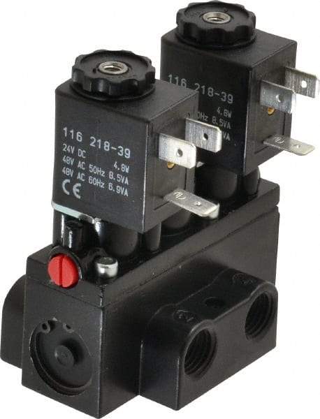 ARO/Ingersoll-Rand - 1/4" Inlet x 1/4" Outlet, Solenoid Actuator, Solenoid Return, 3 Position, Body Ported Solenoid Air Valve - 24 VDC Input, 32 CFM, 0.9 CV, 4 Way, 150 psi, 2-15/16" Long x 1-15/16" Wide x 1-13/16" High, 0 to 180°F - USA Tool & Supply