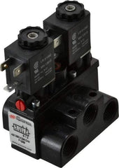 ARO/Ingersoll-Rand - 3/8" Inlet x 3/8" Outlet, Solenoid Actuator, Solenoid Return, 2 Position, Body Ported Solenoid Air Valve - 24 VDC Input, 63 CFM, 1.7 CV, 4 Way, 150 psi, 4" Long x '2-1/2" Wide x 3-5/8" High, 0 to 180°F - USA Tool & Supply
