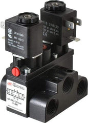 ARO/Ingersoll-Rand - 3/8" Inlet x 3/8" Outlet, Solenoid Actuator, Solenoid Return, 3 Position, Body Ported Solenoid Air Valve - 120 VAC Input, 63 CFM, 1.7 CV, 4 Way, 150 psi, 4" Long x '2-1/2" Wide x 3-5/8" High, 0 to 180°F - USA Tool & Supply