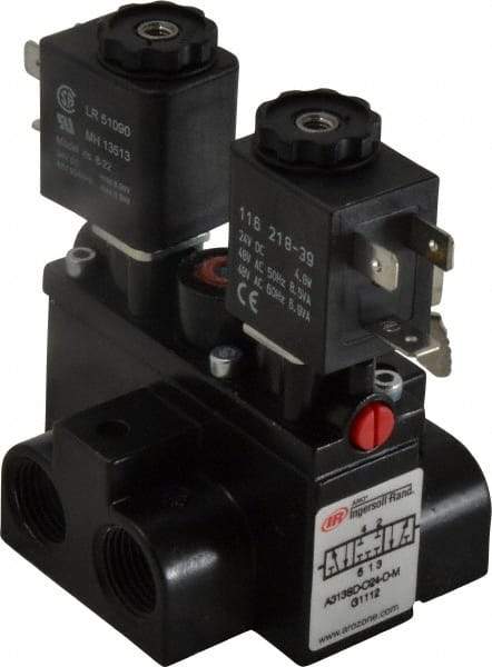 ARO/Ingersoll-Rand - 3/8" Inlet x 3/8" Outlet, Solenoid Actuator, Solenoid Return, 3 Position, Body Ported Solenoid Air Valve - 24 VDC Input, 63 CFM, 1.7 CV, 4 Way, 150 psi, 4" Long x '2-1/2" Wide x 3-5/8" High, 0 to 180°F - USA Tool & Supply