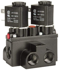 ARO/Ingersoll-Rand - 3/8" Inlet x 3/8" Outlet, Solenoid Actuator, Solenoid Return, 3 Position, Body Ported Solenoid Air Valve - 120 VAC Input, 63 CFM, 1.7 CV, 4 Way, 150 psi, 4" Long x '2-1/2" Wide x 3-5/8" High, 0 to 180°F - USA Tool & Supply