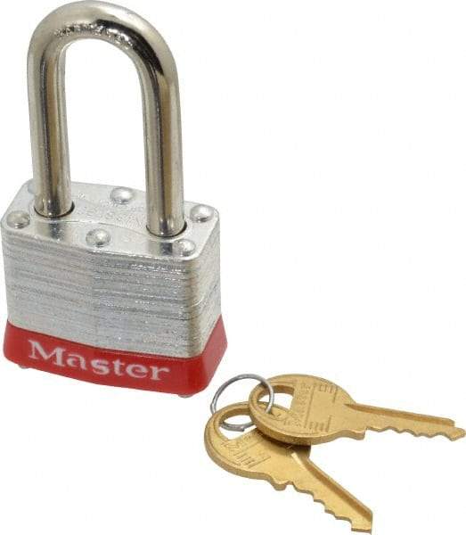 Master Lock - Keyed Different Retaining Key Conductive Lockout Padlock - 1-1/2" Shackle Clearance, 9/32" Shackle Diam, 1-1/4" Body Height x 1-9/16" Body Width, Red, 4 Pins - USA Tool & Supply