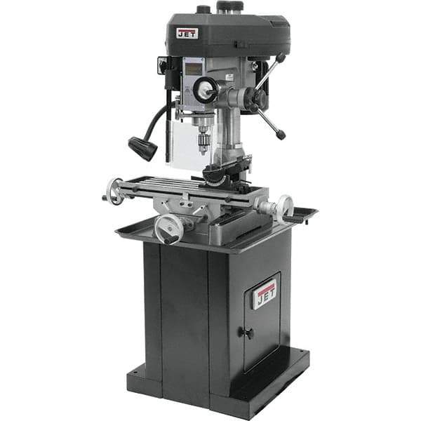 Jet - 1 Phase, 14-1/2" Swing, Step Pulley Mill Drill Machine - 23" Table Length x 7-1/2" Table Width, 14" Longitudinal Travel, 5-1/2" Cross Travel, 12 Spindle Speeds, 1 hp, 115/230 Volts - USA Tool & Supply