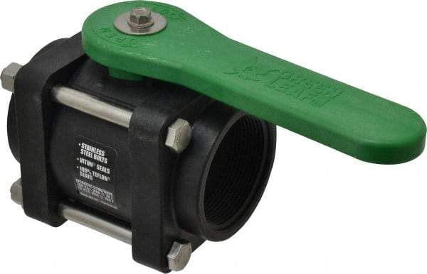 Green Leaf - 2" Pipe, Standard Port, Polypropylene Standard Ball Valve - 3 Piece, Inline - One Way Flow, FNPT x FNPT Ends, Lever Handle, 150 WOG - USA Tool & Supply