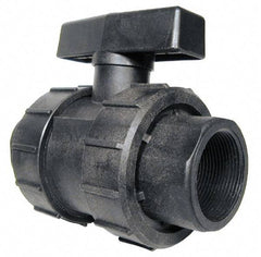 Green Leaf - 1-1/4" Pipe, Full Port, Polypropylene True Union Design Ball Valve - Inline - One Way Flow, FNPT x FNPT Ends, Tee Handle, 125 WOG - USA Tool & Supply
