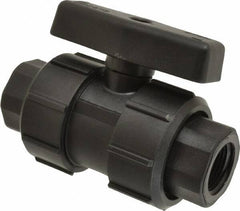 Green Leaf - 3/4" Pipe, Full Port, Polypropylene True Union Design Ball Valve - Inline - One Way Flow, FNPT x FNPT Ends, Tee Handle, 125 WOG - USA Tool & Supply