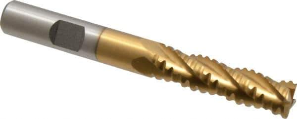 Interstate - 3/8" Diam, 1-3/8" LOC, 4 Flute Cobalt Roughing & Finishing Square End Mill - TiN Finish, 3-3/16" OAL, 3/8" Shank Diam, Weldon Shank, 30° Helix, Non-Centercutting - USA Tool & Supply