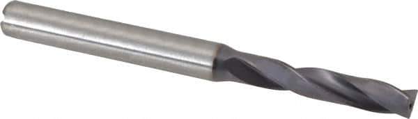 Kennametal - 3/16" 180° Spiral Flute Solid Carbide Screw Machine Drill Bit - TiAlN Finish, Right Hand Cut, 1-7/64" Flute Length, 66mm OAL, Flat-Bottom Point, Straight Shank, Through Coolant - USA Tool & Supply