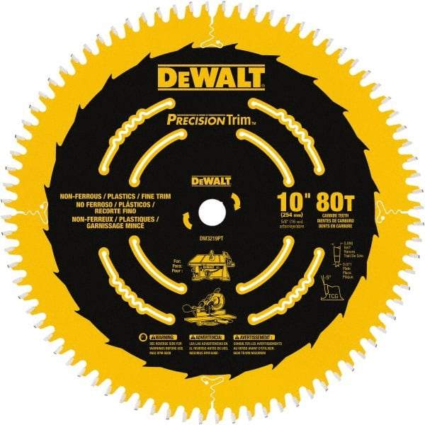 DeWALT - 10" Diam, 5/8" Arbor Hole Diam, 80 Tooth Wet & Dry Cut Saw Blade - Carbide-Tipped, Crosscut Action, Standard Round Arbor - USA Tool & Supply