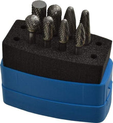 Made in USA - 8 Piece, 1/4" Shank Burr Set - Solid Carbide, Multiple Head Shapes, 14° Included Angle - USA Tool & Supply