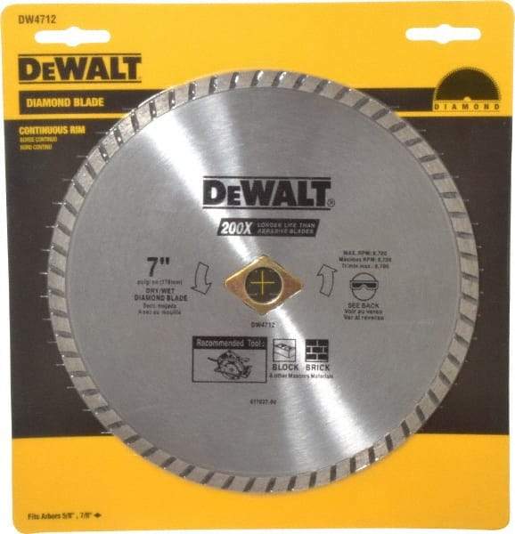 DeWALT - 7" Diam, 5/8" Arbor Hole Diam, Wet & Dry Cut Saw Blade - Diamond-Tipped, Standard Round Arbor - USA Tool & Supply