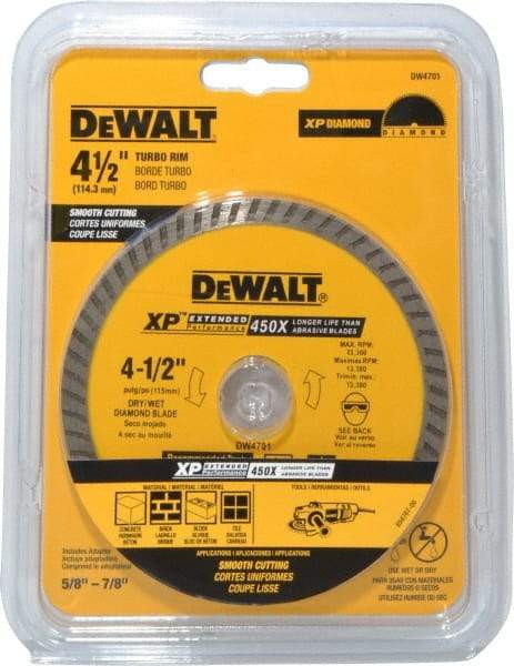 DeWALT - 4-1/2" Diam, 7/8" Arbor Hole Diam, Wet & Dry Cut Saw Blade - Diamond-Tipped, Standard Round Arbor - USA Tool & Supply