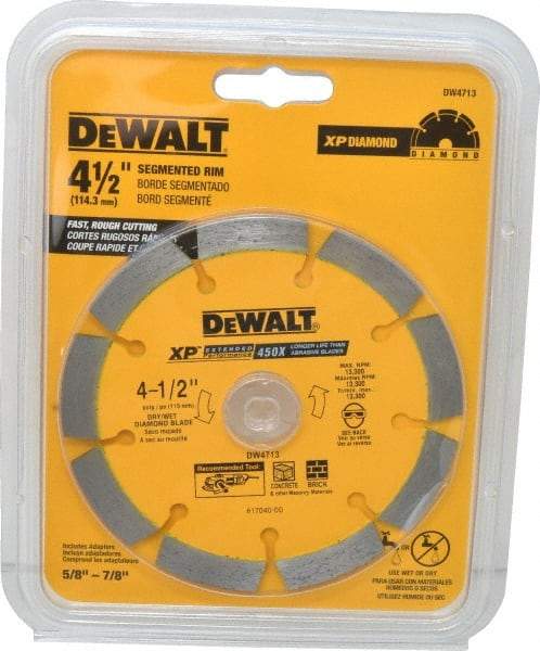 DeWALT - 4-1/2" Diam, 7/8" Arbor Hole Diam, Wet & Dry Cut Saw Blade - Diamond-Tipped, Standard Round Arbor - USA Tool & Supply