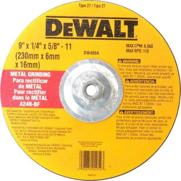 DeWALT - 24 Grit, 9" Wheel Diam, 1/4" Wheel Thickness, Type 27 Depressed Center Wheel - Aluminum Oxide, R Hardness, 6,600 Max RPM, Compatible with Angle Grinder - USA Tool & Supply