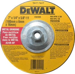 DeWALT - 24 Grit, 7" Wheel Diam, 1/4" Wheel Thickness, Type 27 Depressed Center Wheel - Aluminum Oxide, R Hardness, 8,700 Max RPM, Compatible with Angle Grinder - USA Tool & Supply