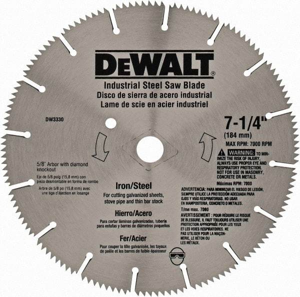 DeWALT - 7-1/4" Diam, 5/8" Arbor Hole Diam, 16 Tooth Wet & Dry Cut Saw Blade - Steel, Smooth Action, Standard Round Arbor - USA Tool & Supply