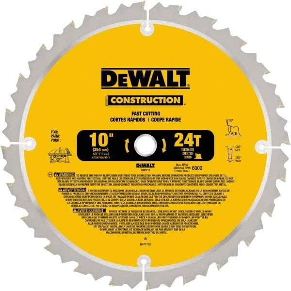 DeWALT - 10" Diam, 24 Tooth Wet & Dry Cut Saw Blade - Carbide-Tipped, Standard Round Arbor - USA Tool & Supply