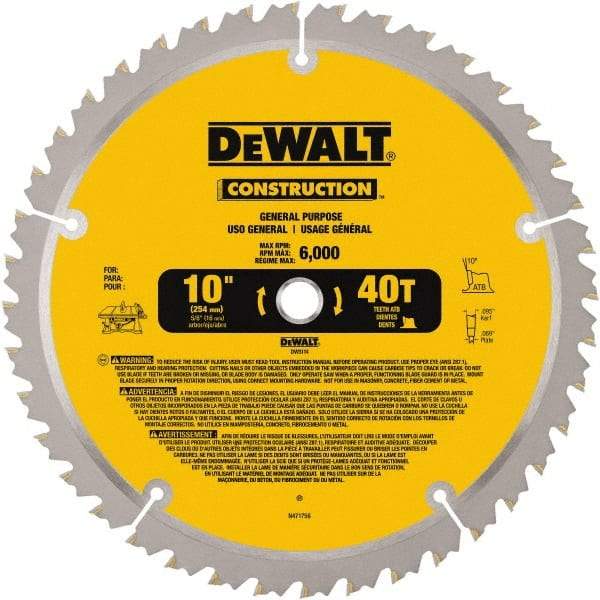 DeWALT - 10" Diam, 5/8" Arbor Hole Diam, 40 Tooth Wet & Dry Cut Saw Blade - Carbide-Tipped, General Purpose Action, Standard Round Arbor - USA Tool & Supply