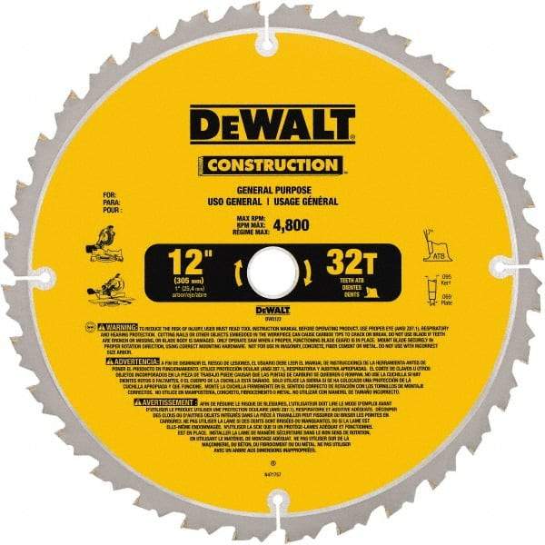 DeWALT - 12" Diam, 1" Arbor Hole Diam, 32 Tooth Wet & Dry Cut Saw Blade - Carbide-Tipped, General Purpose Action, Standard Round Arbor - USA Tool & Supply