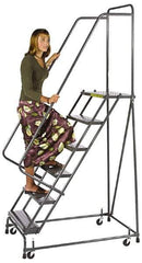 Ballymore - 73" 4 Step Ladder - Spring Loaded Rolling Safety Ladder, 450 Lb Capacity, 38" Platform Height, 30" Base Width x 35" Base Depth, Perforated Tread - USA Tool & Supply