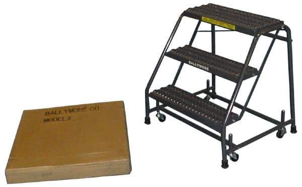 Ballymore - 28-1/2" 3 Step Ladder - Spring Loaded Rolling Safety Ladder, 450 Lb Capacity, 28-1/2" Platform Height, 20" Base Width x 25" Base Depth, Abrasive Mat Tread - USA Tool & Supply