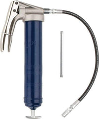 Lincoln - 7,500 Max psi, Flexible Pistol Grease Gun - 14-1 & 2 oz (Cartridge) & 16 oz (Bulk) Capacity, 1/8 Thread Outlet, 39 Strokes per oz, Bulk & Cartridge Fill, Includes 6" Straight Pipe & Coupler - USA Tool & Supply