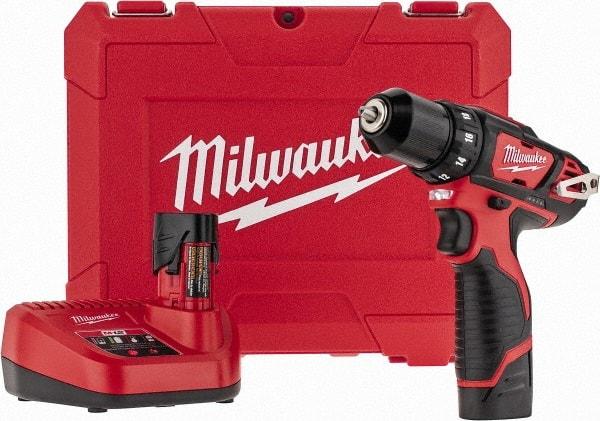 Milwaukee Tool - 12 Volt 3/8" Chuck Pistol Grip Handle Cordless Drill - 0-400 & 0-1500 RPM, Keyless Chuck, Reversible, 2 Lithium-Ion Batteries Included - USA Tool & Supply