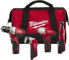 Milwaukee Tool - 12 Volt Cordless Tool Combination Kit - Includes 3/8" Square Drive Impact Wrench, 3/8" Drill/Driver, Work Light & 1/4" Ratchet, Lithium-Ion Battery Included - USA Tool & Supply