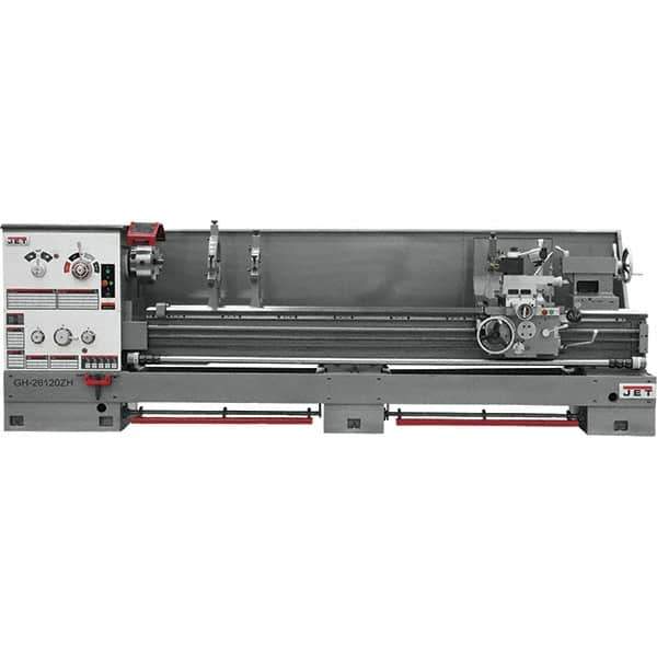 Jet - 26" Swing, 120" Between Centers, 230 Volt, Triple Phase Engine Lathe - 6MT Taper, 10 hp, 40 to 1,800 RPM, 4-1/8" Bore Diam, 43" Deep x 57" High x 177" Long - USA Tool & Supply