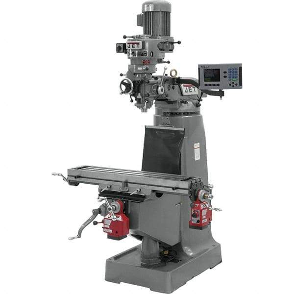 Jet - 9" Table Width x 42" Table Length, Step Pulley Control, 3 Phase Knee Milling Machine - R8 Spindle Taper, 2 hp - USA Tool & Supply