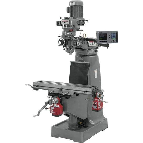 Jet - 9" Table Width x 42" Table Length, Step Pulley Control, 1 Phase Knee Milling Machine - R8 Spindle Taper, 2 hp - USA Tool & Supply