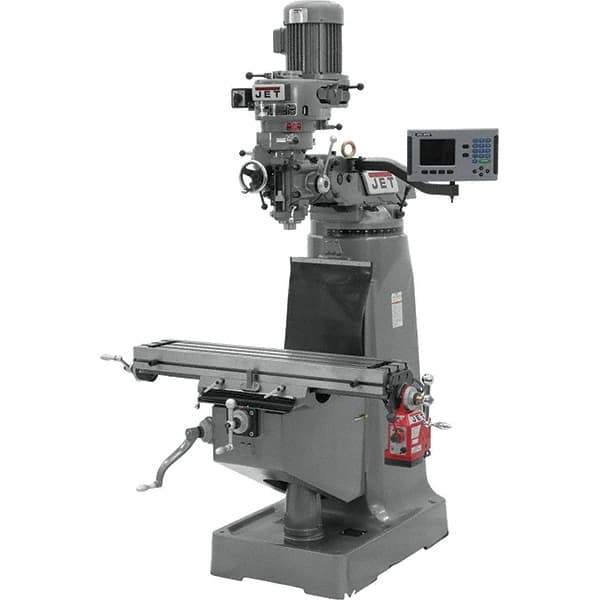 Jet - 9" Table Width x 42" Table Length, Step Pulley Control, 1 Phase Knee Milling Machine - R8 Spindle Taper, 2 hp - USA Tool & Supply