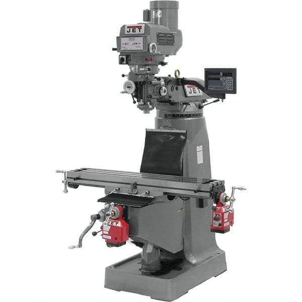 Jet - 9" Table Width x 42" Table Length, Variable Speed Pulley Control, 3 Phase Knee Milling Machine - R8 Spindle Taper, 3 hp - USA Tool & Supply