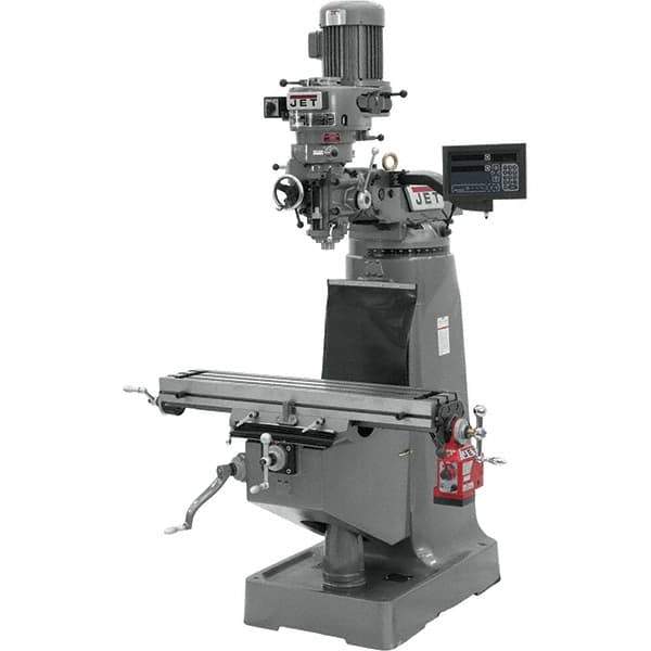 Jet - 9" Table Width x 42" Table Length, Step Pulley Control, 1 Phase Knee Milling Machine - R8 Spindle Taper, 2 hp - USA Tool & Supply