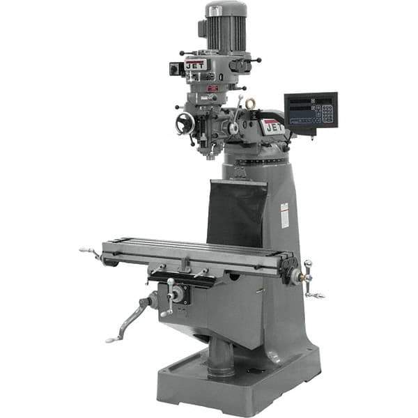 Jet - 9" Table Width x 42" Table Length, Step Pulley Control, 3 Phase Knee Milling Machine - R8 Spindle Taper, 2 hp - USA Tool & Supply