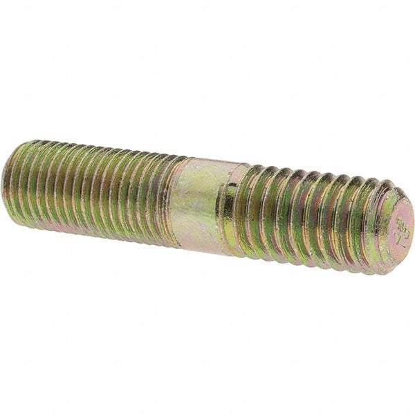 Value Collection - 7/16-20 Long Thread, 7/16-14 Short Thread, 2" OAL Unequal Double Threaded Stud - Alloy Steel, Zinc Yellow Dichromate Finish, 15/16" Long Thread Length, 3/4" Short Thread Length - USA Tool & Supply