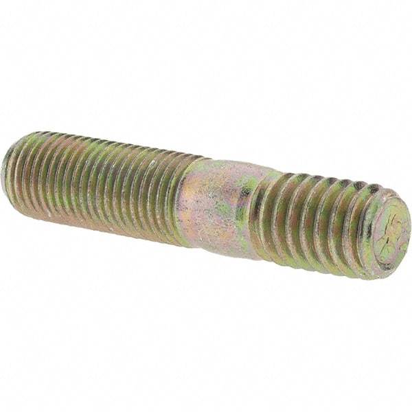 Value Collection - 3/8-24 Long Thread, 3/8-16 Short Thread, 1-3/4" OAL Unequal Double Threaded Stud - Alloy Steel, Zinc Yellow Dichromate Finish, 1" Long Thread Length, 9/16" Short Thread Length - USA Tool & Supply