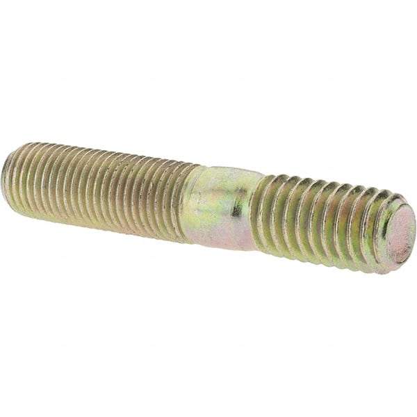 Value Collection - 3/8-24 Long Thread, 3/8-16 Short Thread, 2" OAL Unequal Double Threaded Stud - Alloy Steel, Zinc Yellow Dichromate Finish, 1-1/16" Long Thread Length, 5/8" Short Thread Length - USA Tool & Supply