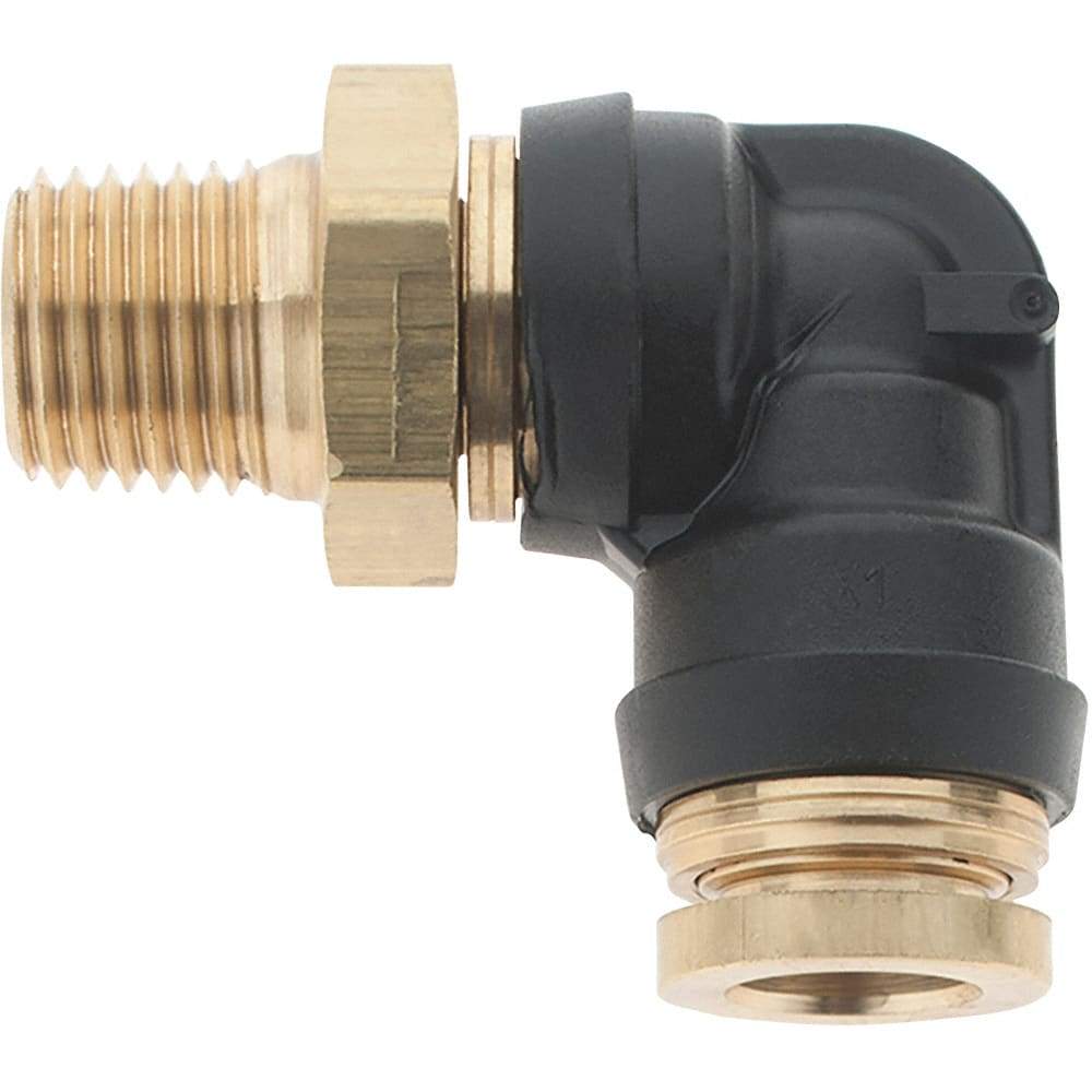 Parker - 3/8" Outside Diam, 1/4 Thread, Brass Push-to-Connect Tube Male Elbow - 250 Max psi, Tube to Male NPT Connection - USA Tool & Supply