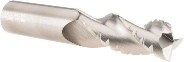 SGS - 3/4" Diam, 1-5/8" LOC, 3 Flute Solid Carbide 0.03" Corner Radius Roughing End Mill - TiB2 Finish, 4" OAL, 3/4" Shank Diam, Single End, Centercutting, 38° Helix - USA Tool & Supply