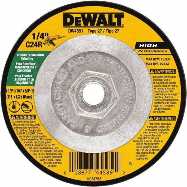 DeWALT - 24 Grit, 4-1/2" Wheel Diam, 1/4" Wheel Thickness, Type 27 Depressed Center Wheel - Silicon Carbide, Resinoid Bond, 13,300 Max RPM - USA Tool & Supply