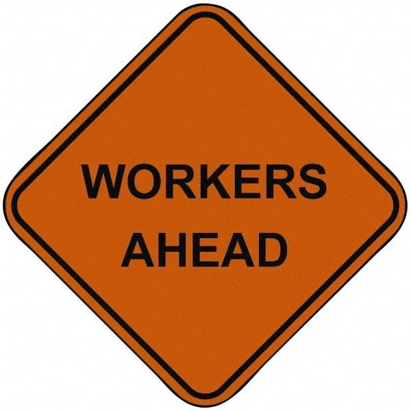 PRO-SAFE - "Workers Ahead", 48" Wide x 48" High, Nylon Construction Roadway Signs - Orange, Square, Sign Stand Mount - USA Tool & Supply