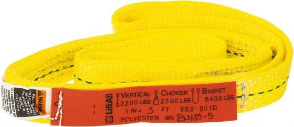 Lift-All - 3' Long x 1" Wide, 3,200 Lb Vertical Capacity, 2 Ply, Polyester Web Sling - 2,500 Lb Choker Capacity, Yellow - USA Tool & Supply