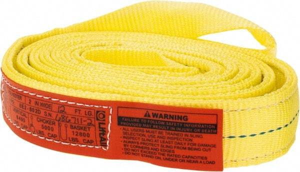 Lift-All - 12' Long x 2" Wide, 6,400 Lb Vertical Capacity, 2 Ply, Polyester Web Sling - 5,000 Lb Choker Capacity, Yellow - USA Tool & Supply