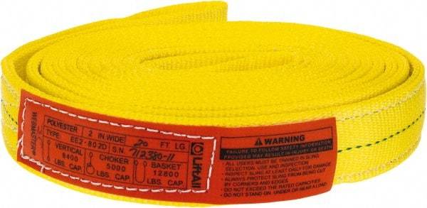 Lift-All - 20' Long x 2" Wide, 6,400 Lb Vertical Capacity, 2 Ply, Polyester Web Sling - 5,000 Lb Choker Capacity, Yellow - USA Tool & Supply