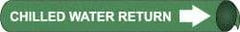 NMC - Pipe Marker with Chilled Water Return Legend and Arrow Graphic - 1-1/8 to 2-3/8" Pipe Outside Diam, White on Green - USA Tool & Supply