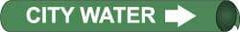 NMC - Pipe Marker with City Water Legend and Arrow Graphic - 1-1/8 to 2-3/8" Pipe Outside Diam, White on Green - USA Tool & Supply