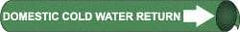 NMC - Pipe Marker with Domestic Cold Water Return Legend and Arrow Graphic - 10 to 10" Pipe Outside Diam, White on Green - USA Tool & Supply